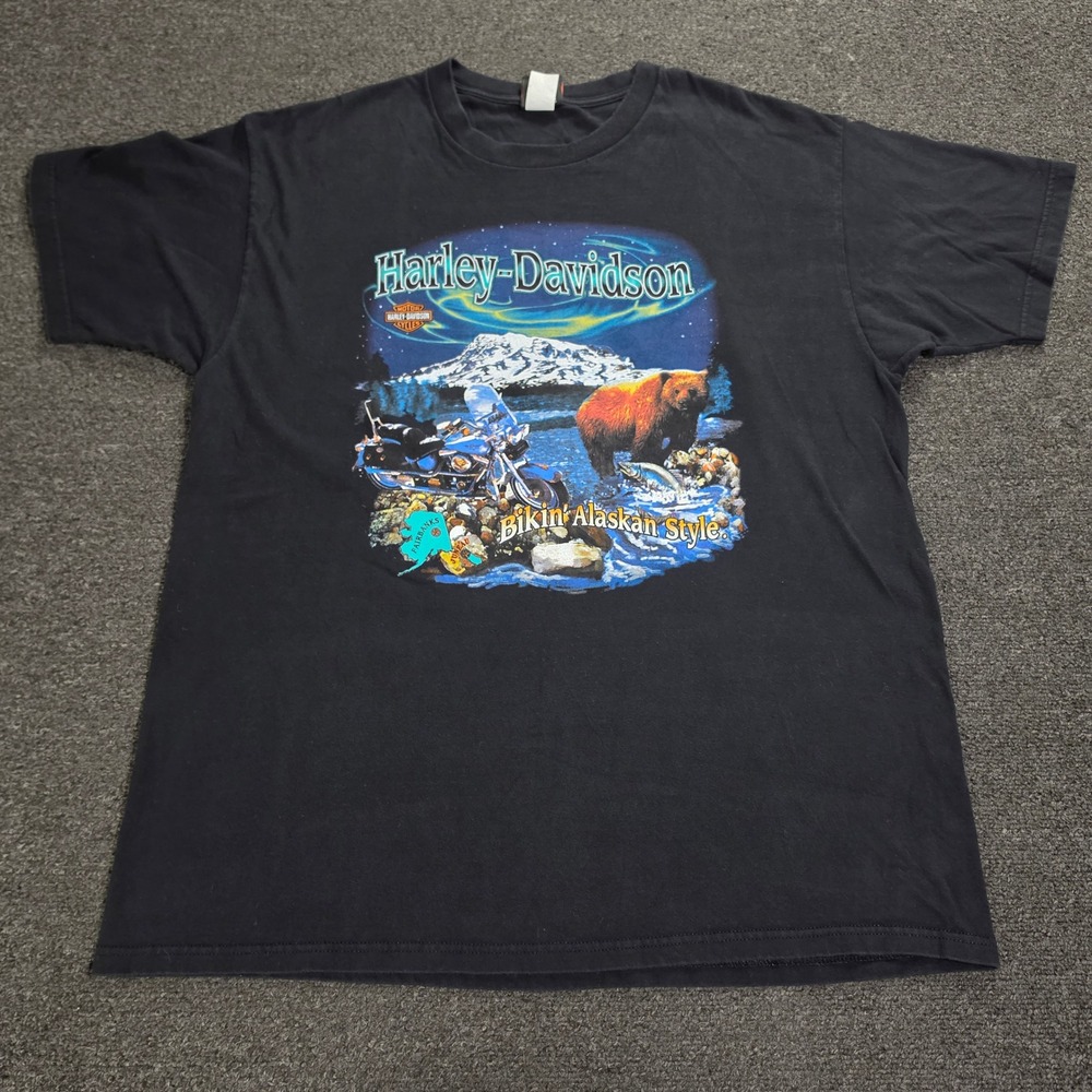 VTG Harley Davidson Shirt Men 2XL Biker Alaska Fairbanks Bear Northern Light 90s
